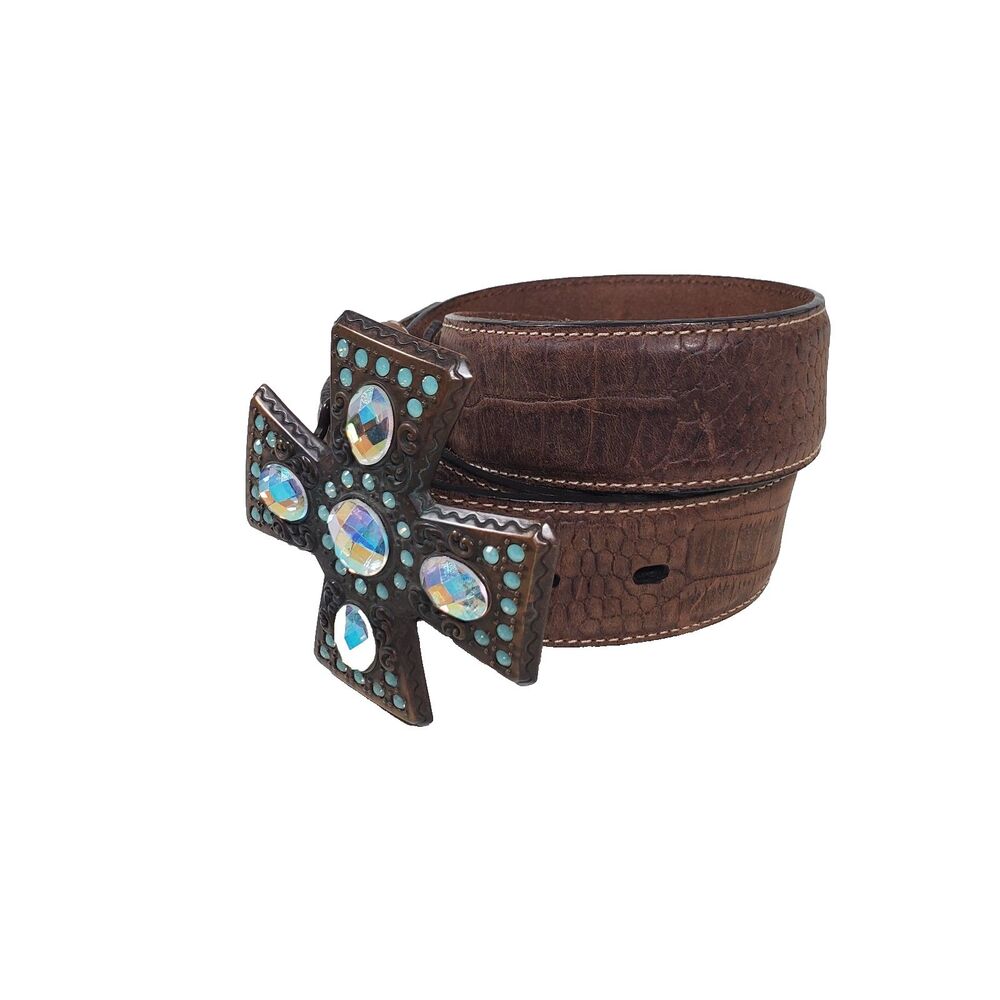 Nocona Women’s Brown Leather Belt Size Large Croc Embossed Western Cross Jeweled